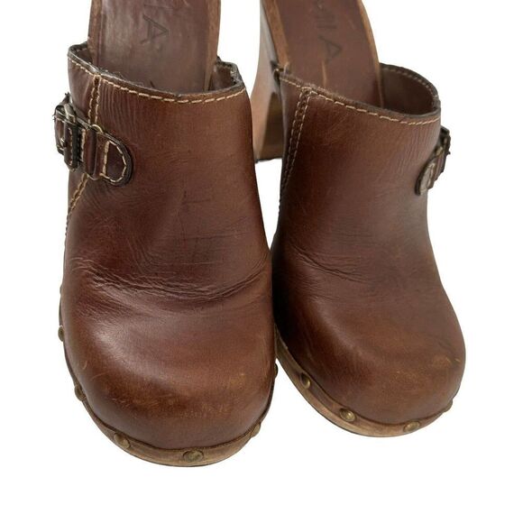MIA Wooden Clogs Mules Y2K Brown Distressed Leather Womens US Size 7 Chunky Heel - Picture 4 of 14